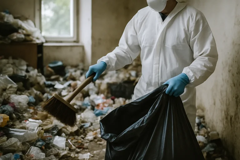Intérieur d'une pièce en désordre, accumulation de déchets, avant nettoyage post-syndrome de Diogène.