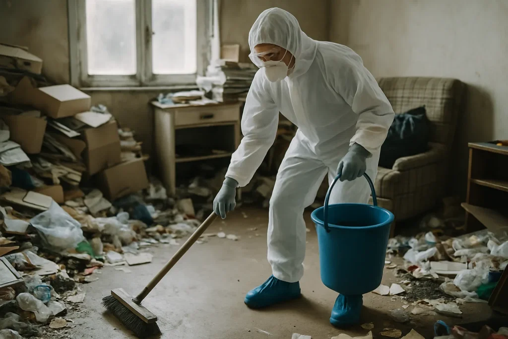 Vue d'un appartement en désordre avec des déchets éparpillés, illustrant le besoin de nettoyage après syndrome de Diogène.
