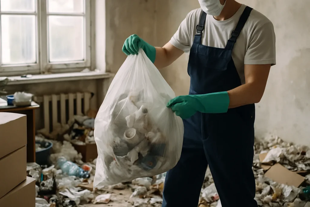 Une pièce en désordre avec des déchets, montrant un professionnel en train de nettoyer.