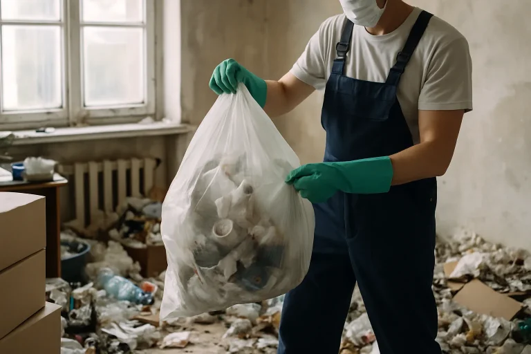 Une pièce en désordre avec des déchets, montrant un professionnel en train de nettoyer.