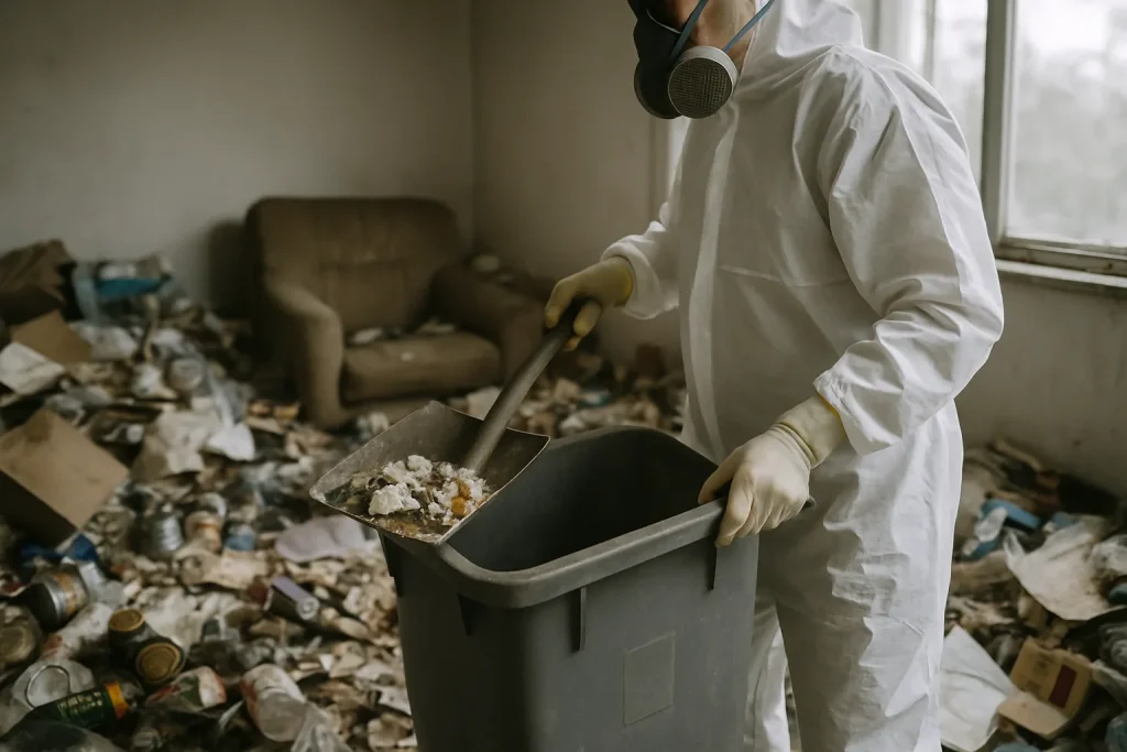 Des professionnels nettoient un appartement encombré à Santec après un syndrome de Diogène.