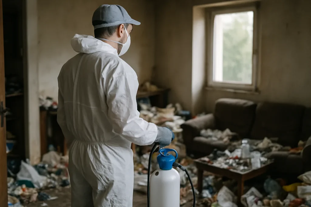 Une équipe de nettoyage nettoie un appartement en désordre suite à un syndrome de Diogène à Mellac.