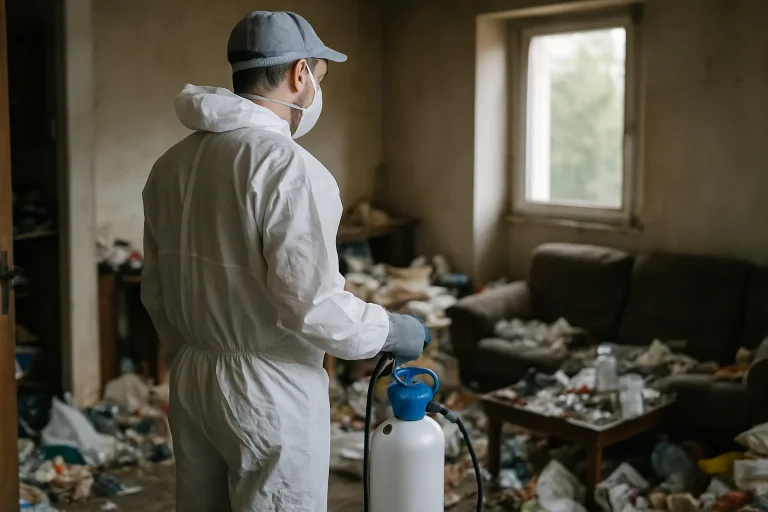 Une équipe de nettoyage nettoie un appartement en désordre suite à un syndrome de Diogène à Mellac.