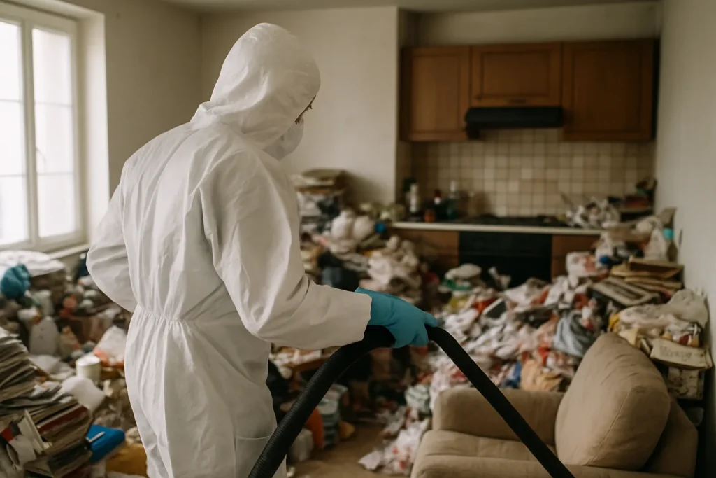 Intérieur d'un appartement à Gourin avec des déchets éparpillés sur le sol.
