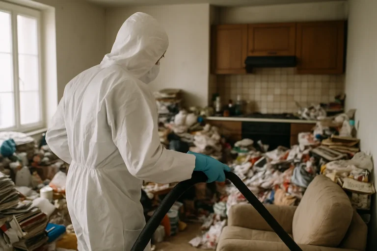 Intérieur d'un appartement à Gourin avec des déchets éparpillés sur le sol.