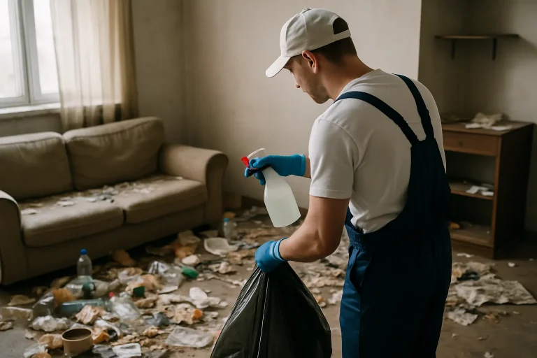 Un professionnel nettoie un appartement en désordre, illustrant le syndrome de Diogène à Dinan.