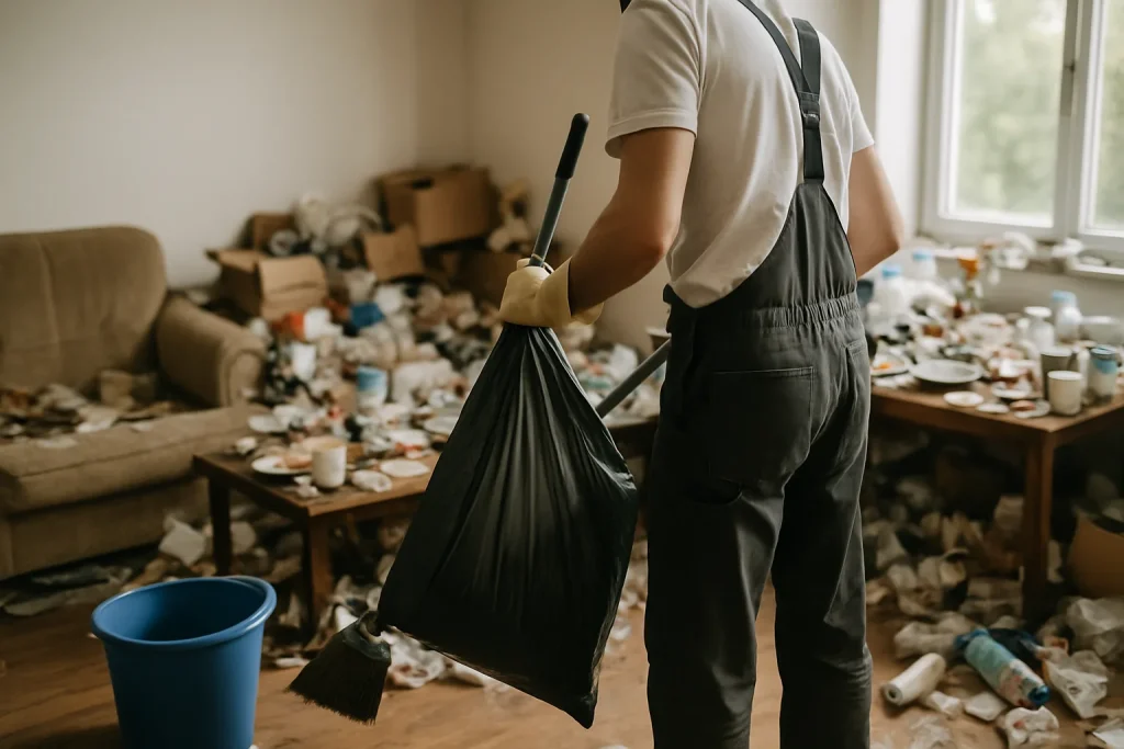 Professionnels nettoyant un appartement insalubre à Boen après un cas de syndrome de Diogène.
