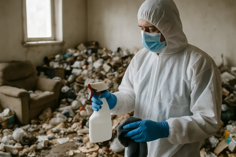 Intérieur d'un appartement en désordre, nécessitant un nettoyage après syndrome de Diogène.