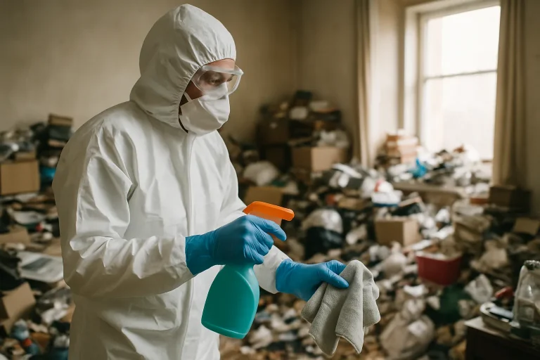 Équipe professionnelle nettoyant un appartement après syndrome de Diogène à Saint-Cast-Le-Guildo.