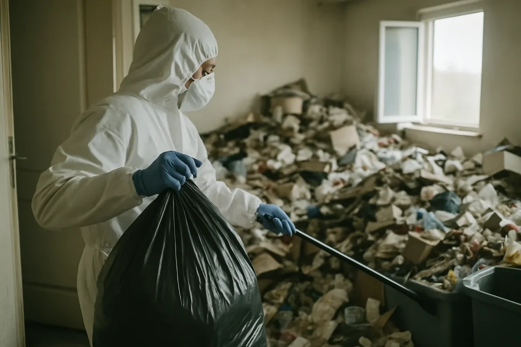 Équipe professionnelle triant des objets dans un appartement encombré à Chapareillan.