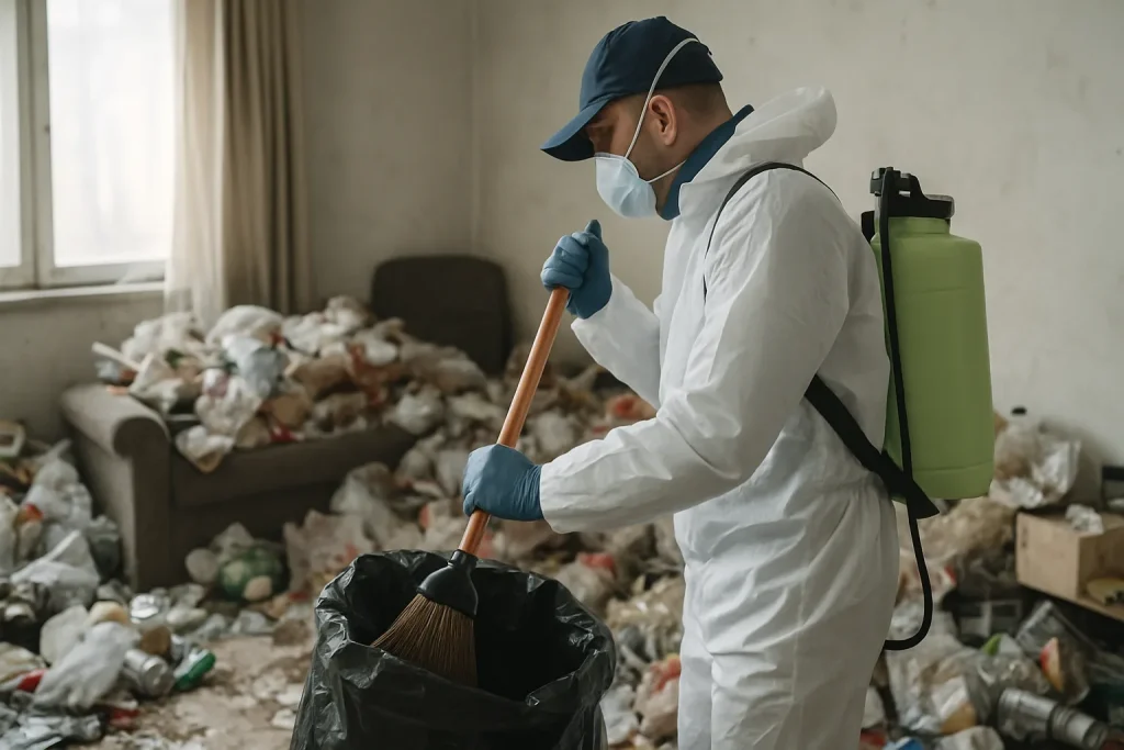 Équipe de nettoyage nettoyant un appartement en désordre à Loches, déchets au sol.