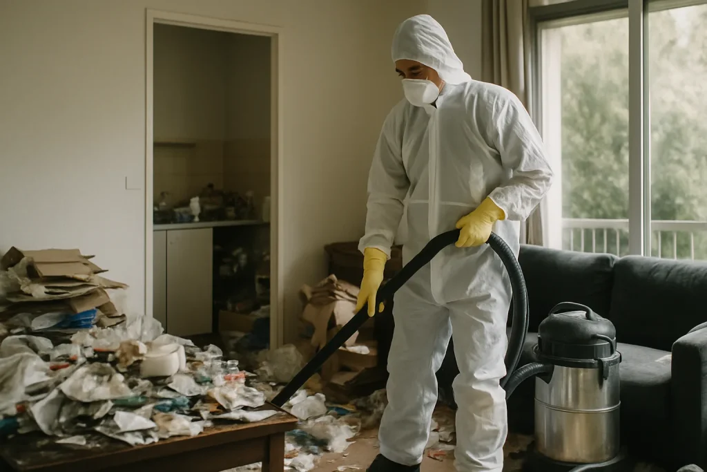 Équipe de nettoyage en action dans un appartement encombré à Saint-Baldoph.