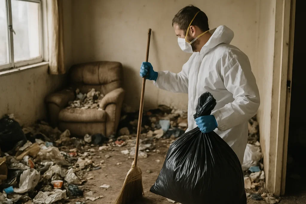 Professionnels nettoyant un appartement en désordre à Aime avec des sacs de déchets.