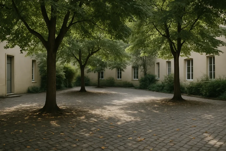 Cour pavée avec arbres et lumière douce, feuilles au sol.