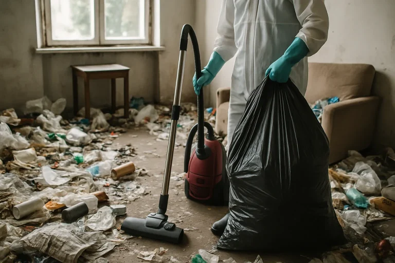 Équipe de nettoyage en train de ranger un appartement insalubre à Communay.