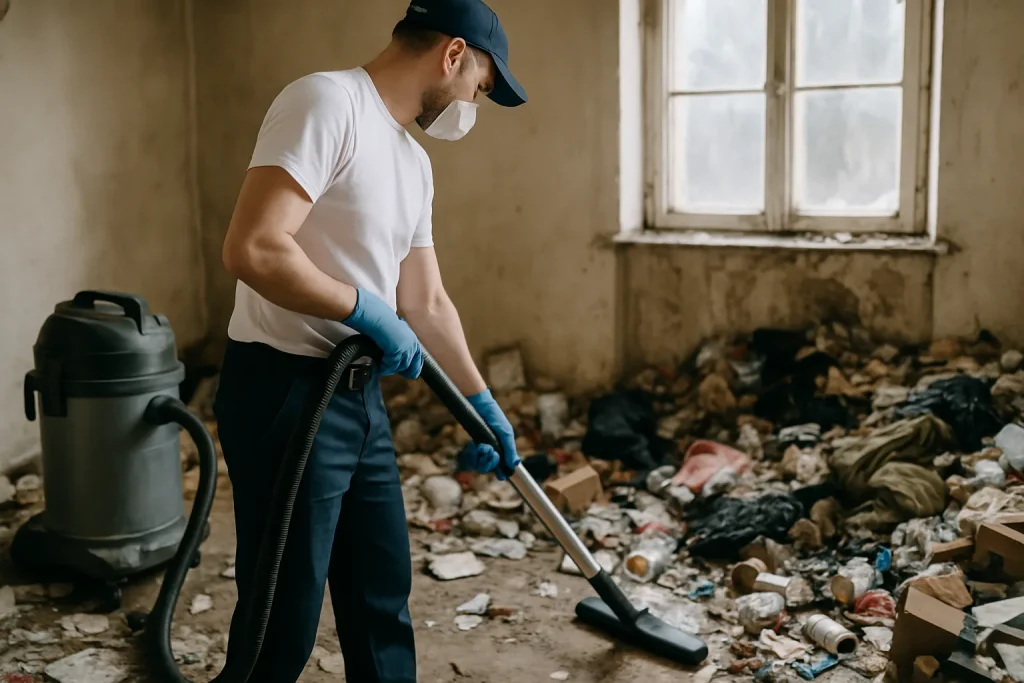 Équipe de nettoyage en action dans un appartement en désordre à Lehon.