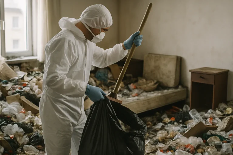 Professionnels nettoyant un appartement encombré à Meyzieu, avec des déchets visibles.