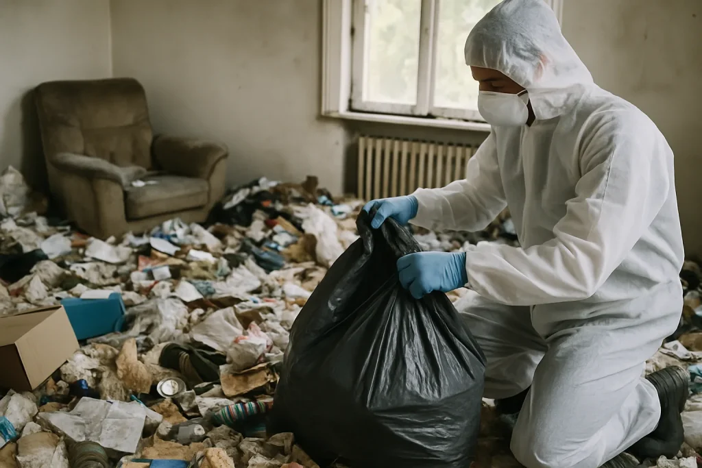 Un intérieur d'appartement en désordre à Ferrières-en-Gâtinais, nécessitant un nettoyage après syndrome de Diogène.