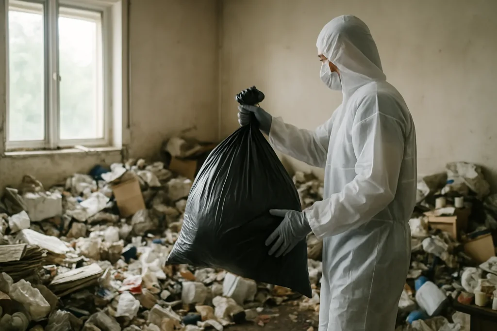 Professionnel nettoyant un appartement en désordre à Caluire-Et-Cuire après diogène.