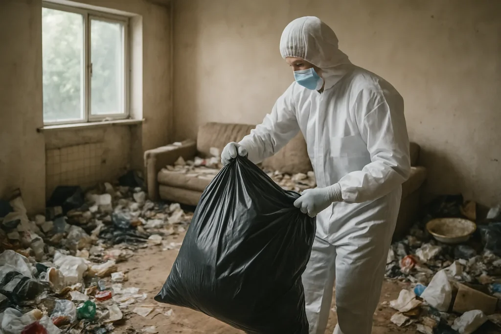 Équipe professionnelle nettoyant un appartement en désordre à Chanas, lumière naturelle.