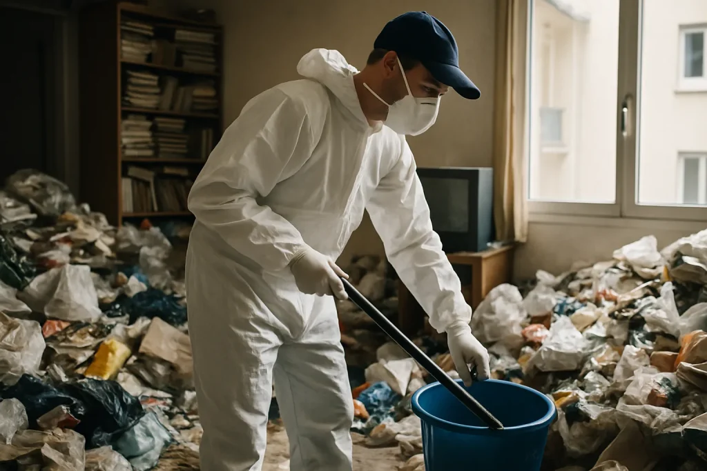 Intérieur d'un appartement à Grenoble avec des déchets dispersés au sol.