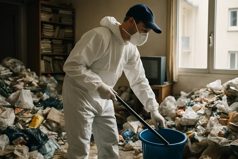 Intérieur d'un appartement à Grenoble avec des déchets dispersés au sol.