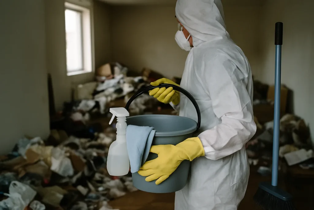 Un appartement à Monistrol-Sur-Loire rempli de déchets et en désordre, nécessitant un nettoyage.