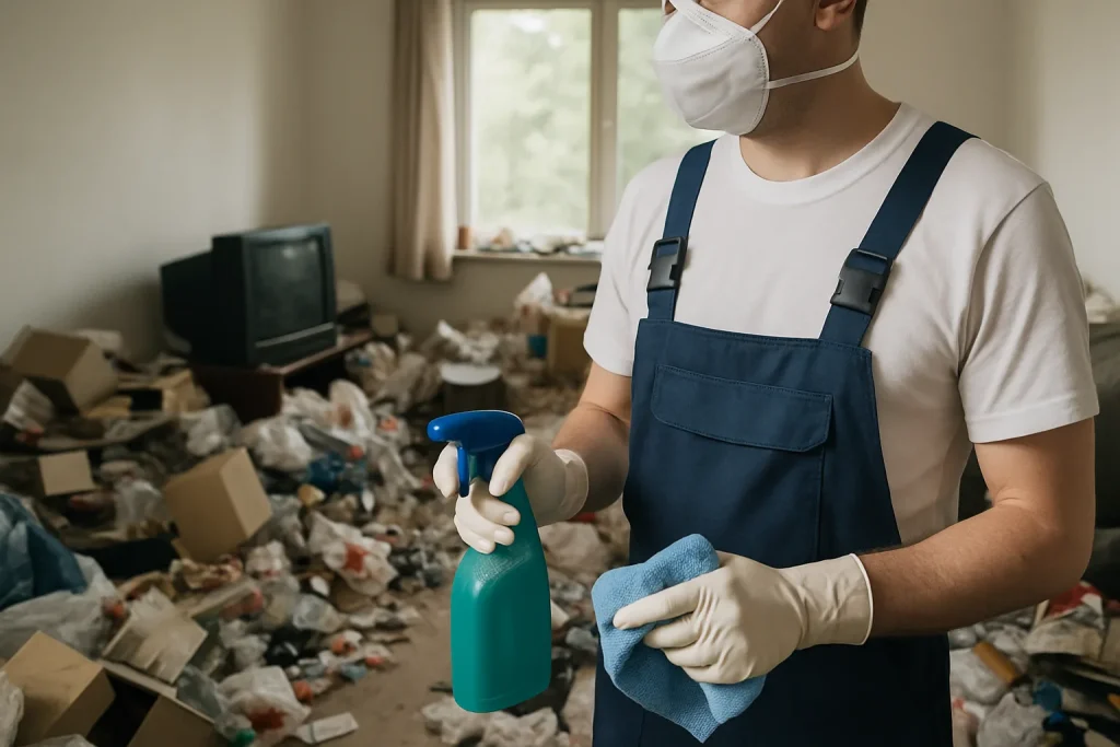 Appartement à Neris-Les-Bains en désordre avant nettoyage après diogène, déchets visibles.