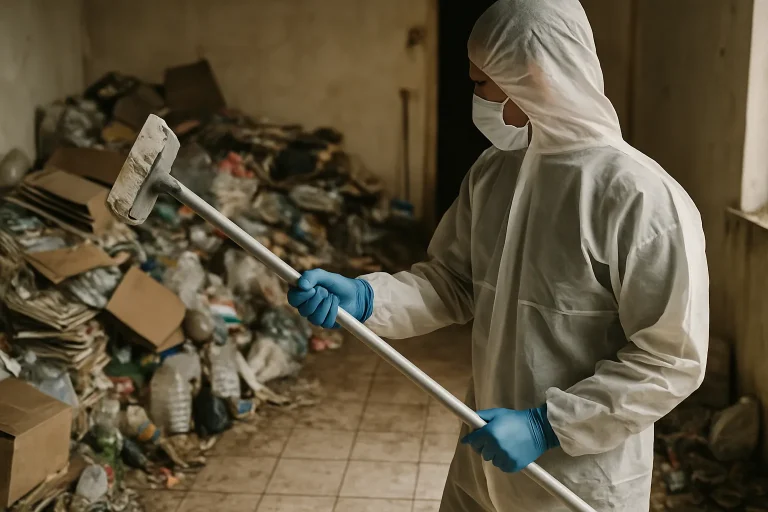Équipe de nettoyage dans un appartement à Guerigny, désencombrant des déchets.