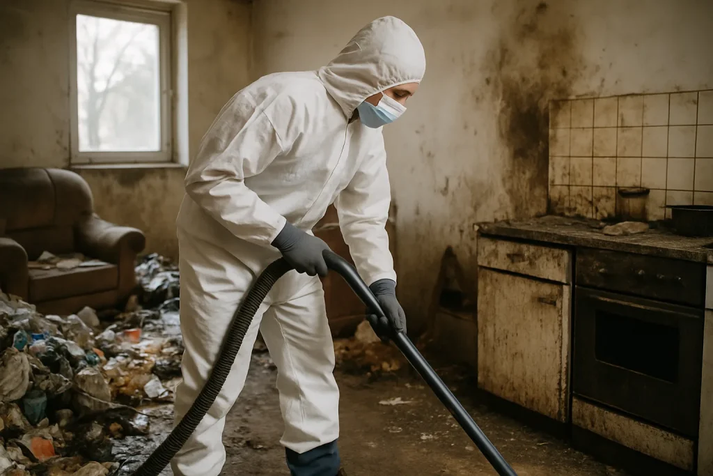 Un appartement en désordre pendant le nettoyage après syndrome de Diogène à Melesse.