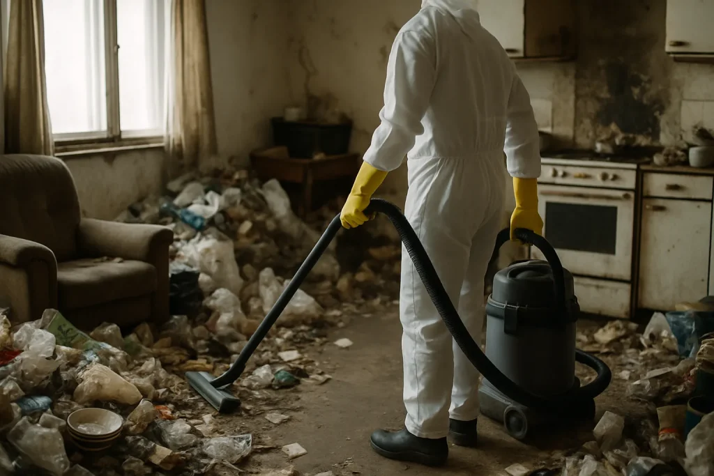 Un appartement en désordre à Pipriac, montrant des déchets et des objets éparpillés, avant intervention.