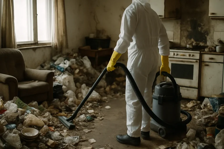 Un appartement en désordre à Pipriac, montrant des déchets et des objets éparpillés, avant intervention.