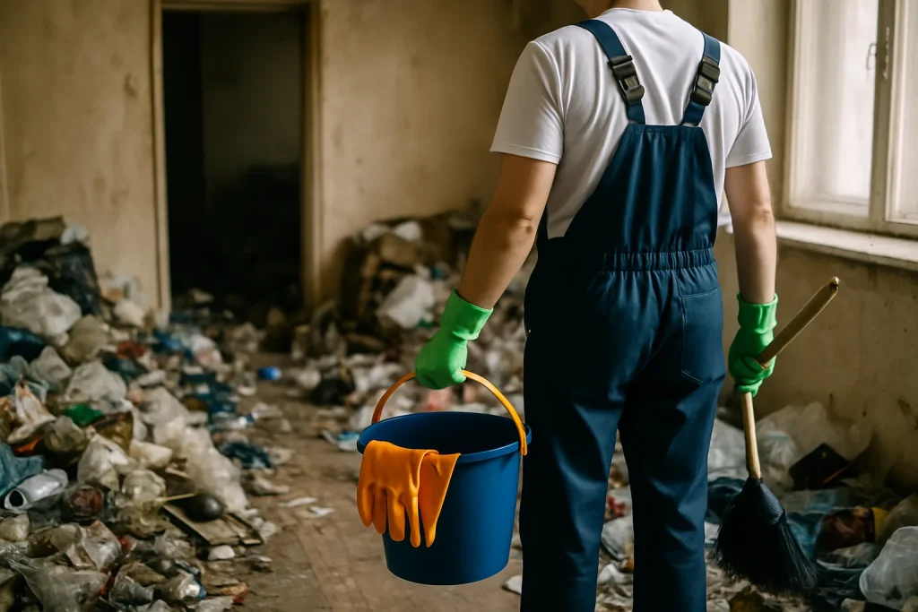 Équipe de nettoyage dans un appartement encombré à Pluguffan, en plein travail.