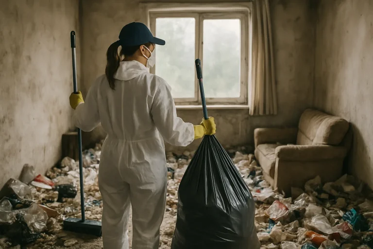 Équipe de nettoyage professionnel dans un appartement en désordre à Plumelin, avant l'intervention.