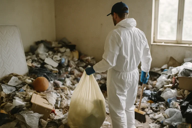 Équipe de nettoyage professionnelle dans un appartement encombré à Pluvigner, en train de nettoyer.