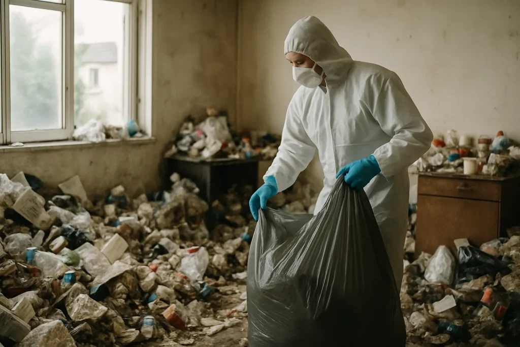 Maison à Saint-Ave avec des déchets visibles, illustration du syndrome de Diogène.