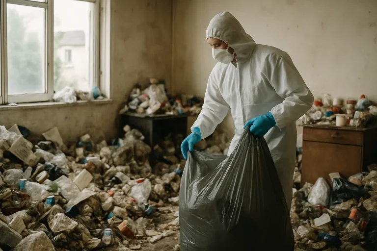Maison à Saint-Ave avec des déchets visibles, illustration du syndrome de Diogène.