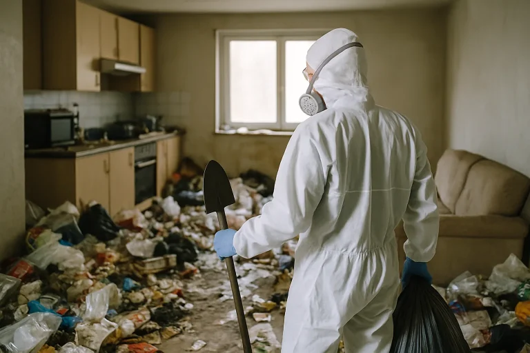 Vue d'une pièce encombrée de déchets avant un nettoyage professionnel à Saint-Renan.