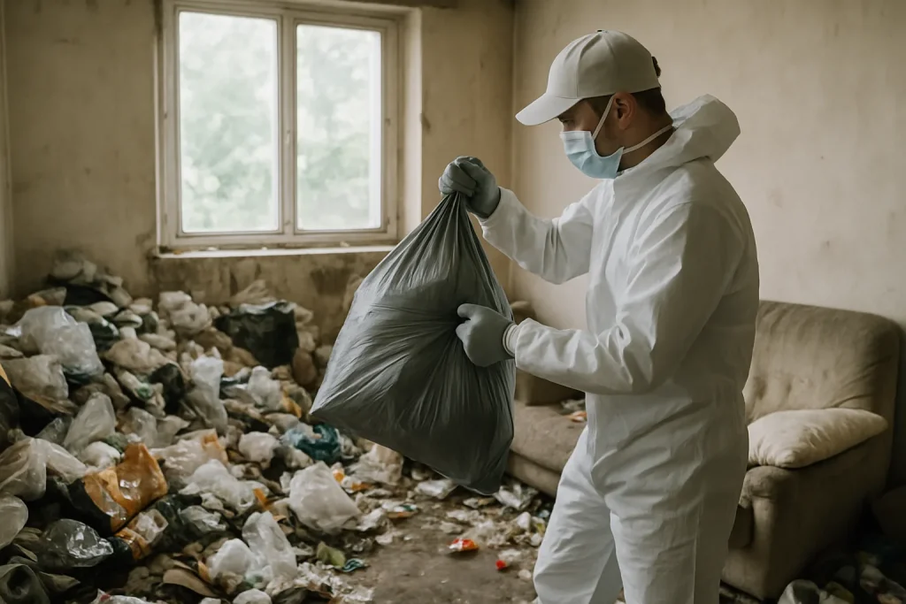 Une équipe de nettoyage dans un appartement en désordre à Savigny-Sur-Braye, préparant à une intervention.
