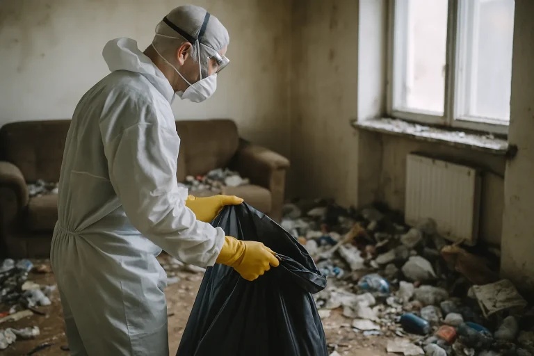 Pièce en désordre avec déchets et objets éparpillés à Is-Sur-Tille, évoquant un besoin urgent de nettoyage.