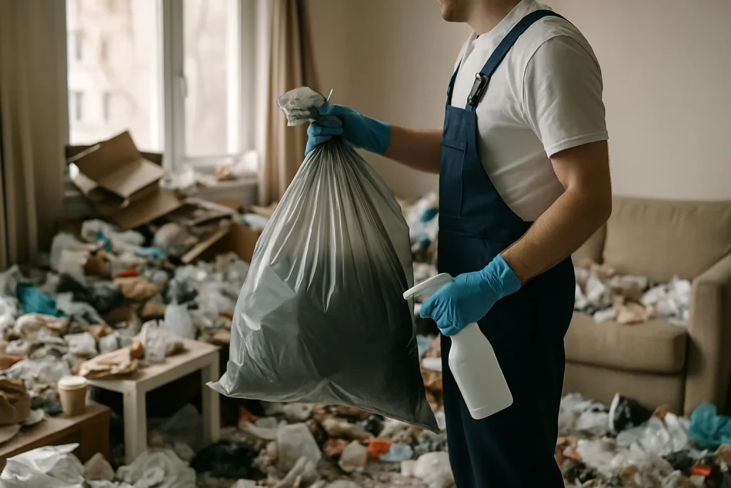 Des professionnels nettoient un appartement en état de désordre à Grigny.
