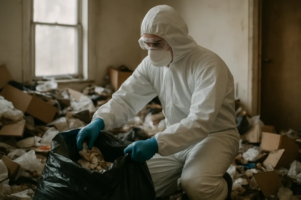 Intérieur d'un appartement à Vendat, rempli de déchets et d'objets, nécessitant un nettoyage.