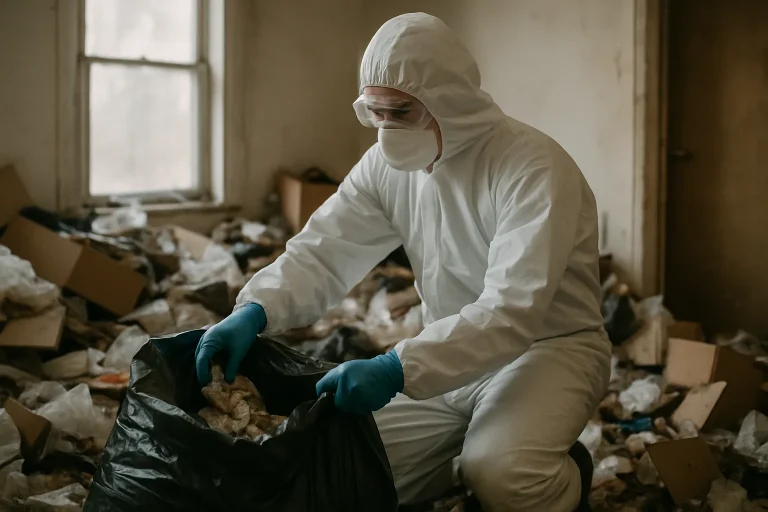 Intérieur d'un appartement à Vendat, rempli de déchets et d'objets, nécessitant un nettoyage.