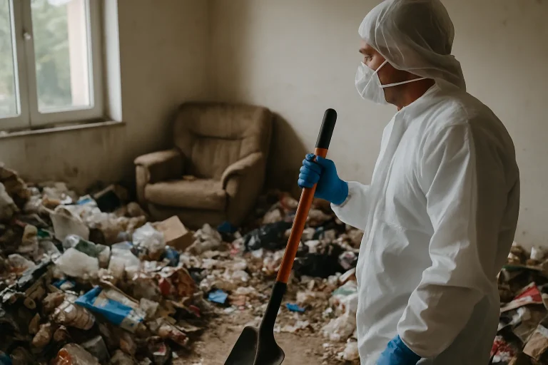 Agents de nettoyage dans un appartement à Etupes, triant des déchets après syndrome de Diogène.
