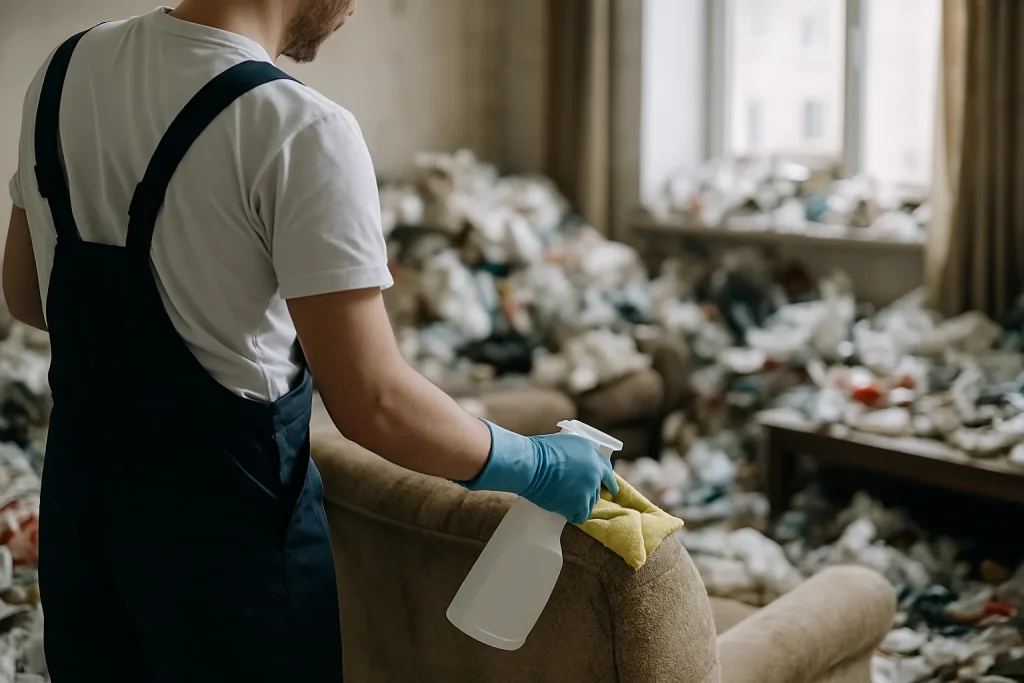 Une équipe professionnelle nettoie un appartement encombré à Mauron, illustrant l'urgence de l'intervention.