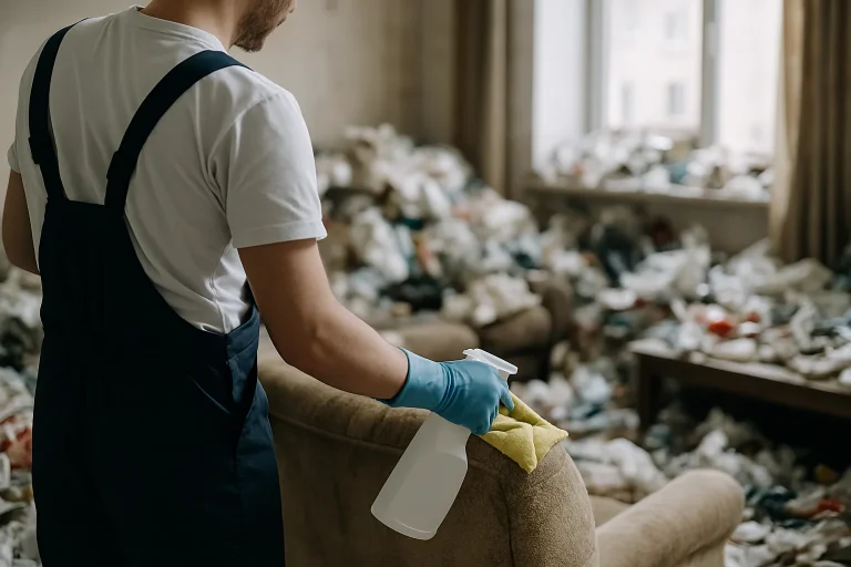 Une équipe professionnelle nettoie un appartement encombré à Mauron, illustrant l'urgence de l'intervention.