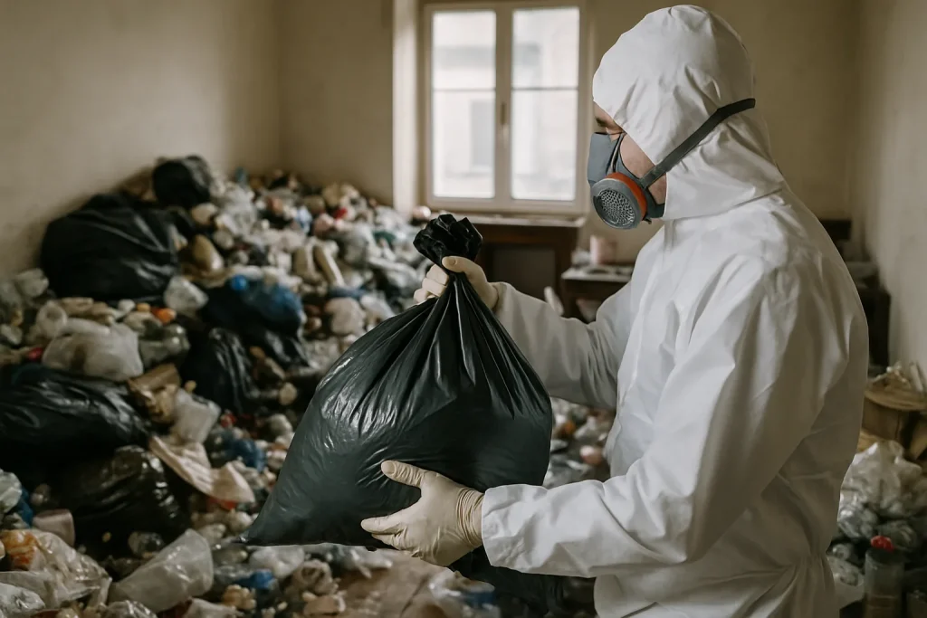 Équipe de nettoyage en train de débarrasser un appartement à Brioude.