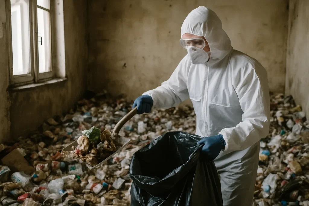 Équipe professionnelle nettoyant un appartement à Commelle-Vernay après accumulation excessive.