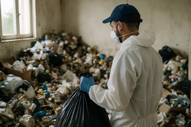 Équipe de nettoyage dans un appartement en désordre à Chambray-Les-Tours, avec des objets et déchets visibles.