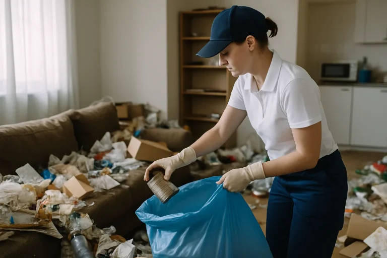 Un appartement en désordre à Desertines avec des objets accumulés, nécessitant un nettoyage urgent.